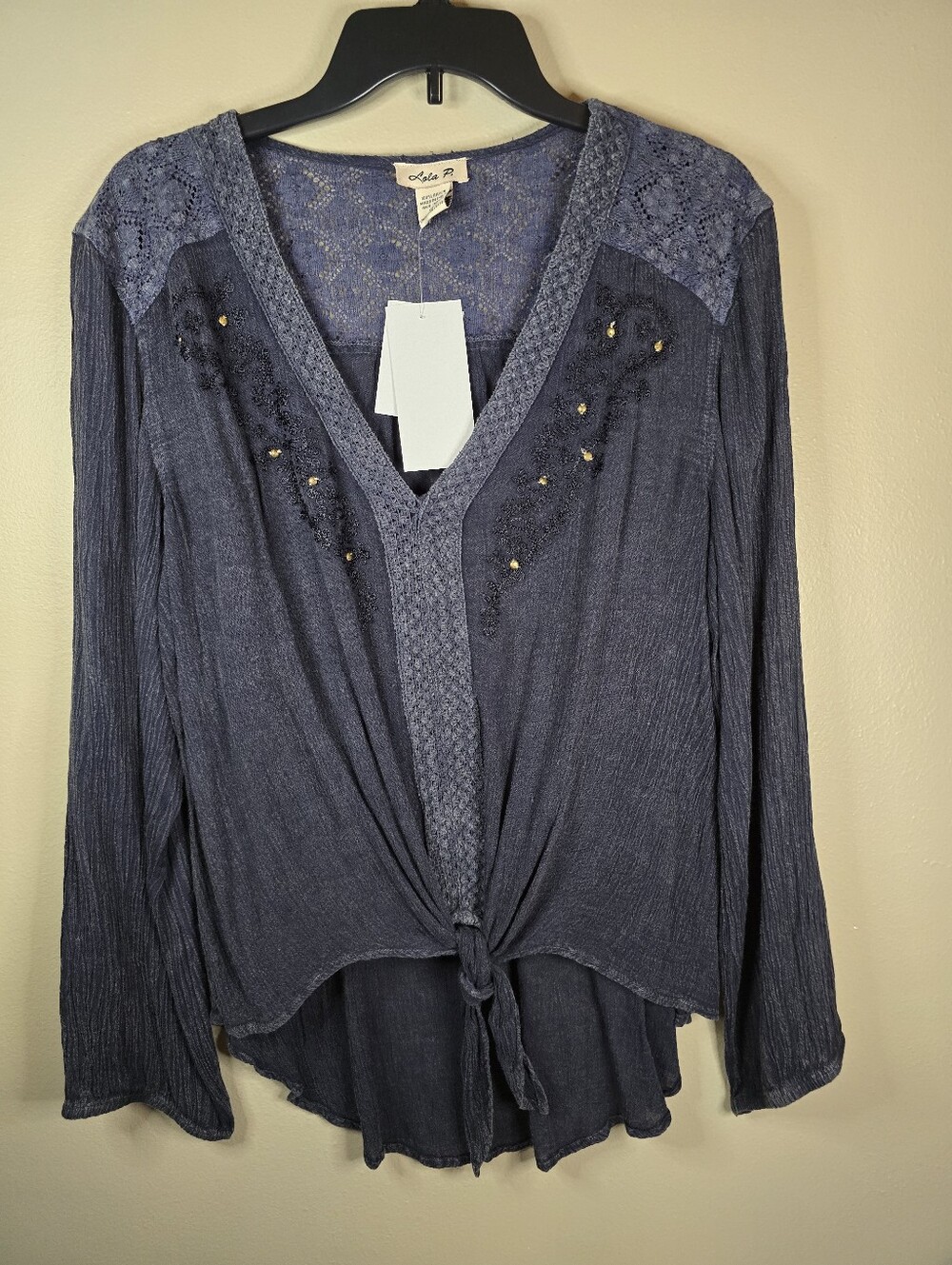 Lola P Womens Tie Black/Blue Long Sleeve Embroidered Lace Boho Shirt Top Large